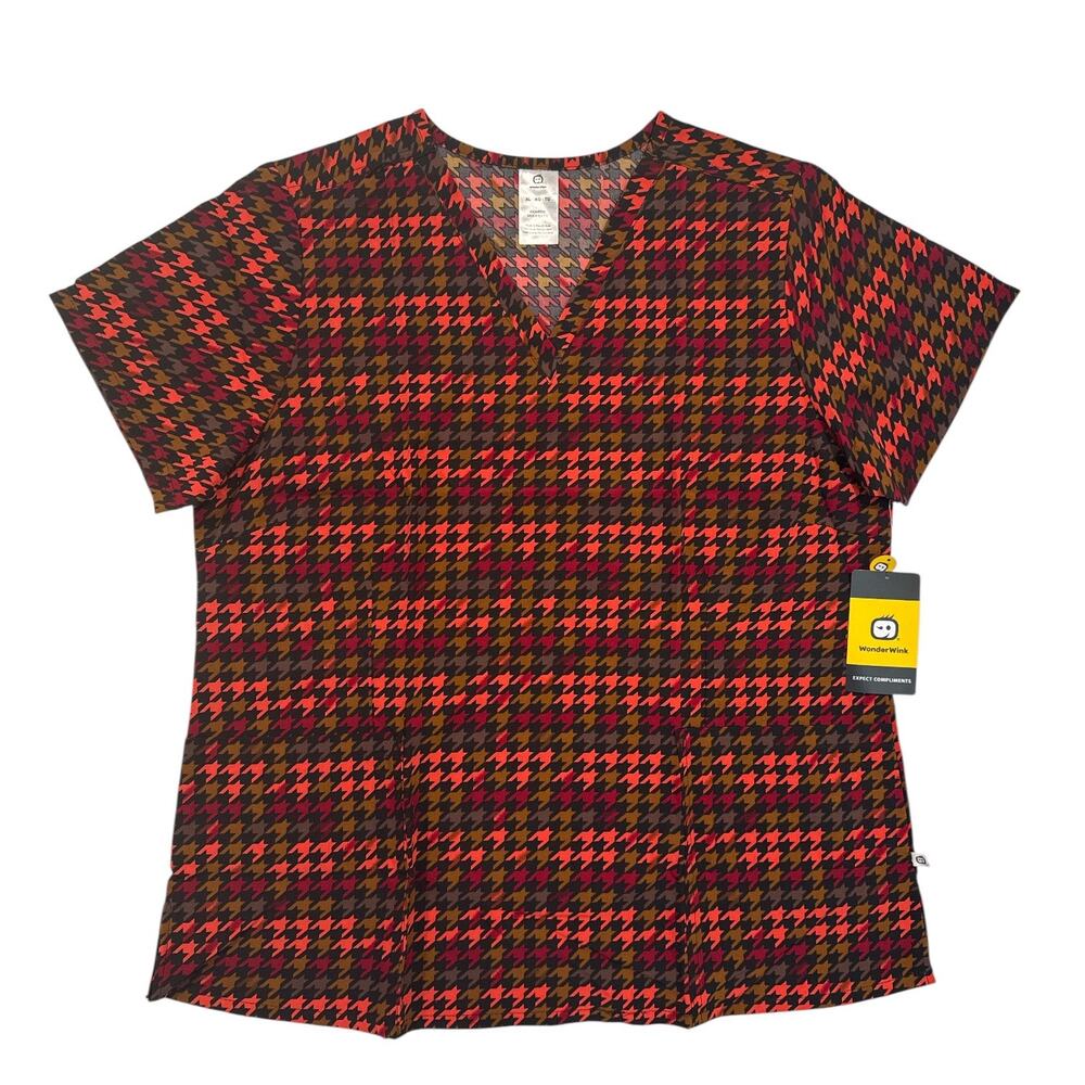 WonderWink Scrub Top Houndstooth Printed V-Neck Short Sleeve Women’s XL NEW